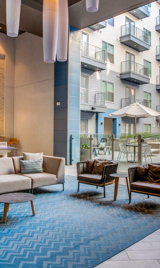 the lobby of an apartment building with blue carpeting at The Ramble and Rose