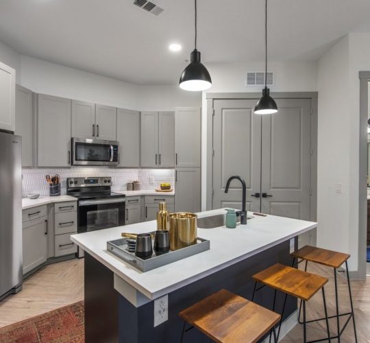 a kitchen with stainless steel appliances and wooden floors at The Ramble and Rose