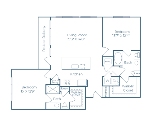 floor plan of a two bedroom apartment with two bathrooms at The Ramble and Rose