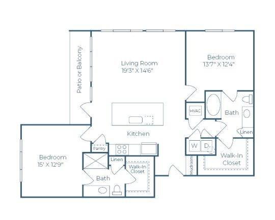 floor plan of a two bedroom apartment with two bathrooms at The Ramble and Rose