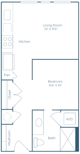 the floor plan for a one bedroom apartment at The Ramble and Rose