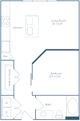 the floor plan for a one bedroom apartment at The Ramble and Rose